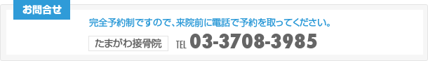 「お問合せ」完全予約制ですので、来院前に電話で予約を取ってください。 たまがわ接骨院TEL 03-3708-3985
